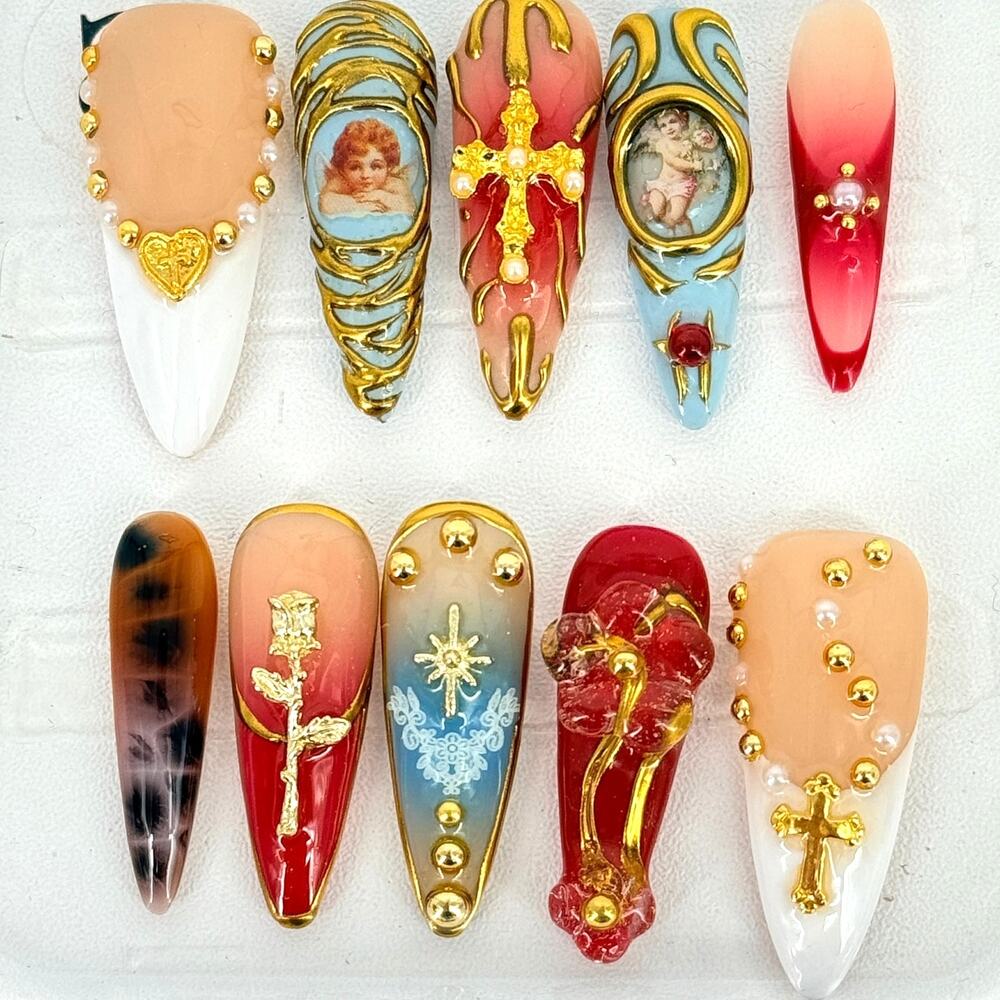 NailVesta Angel's Blush Cherub Stiletto Handcrafted 3D Nail Set Sz SM Romantic